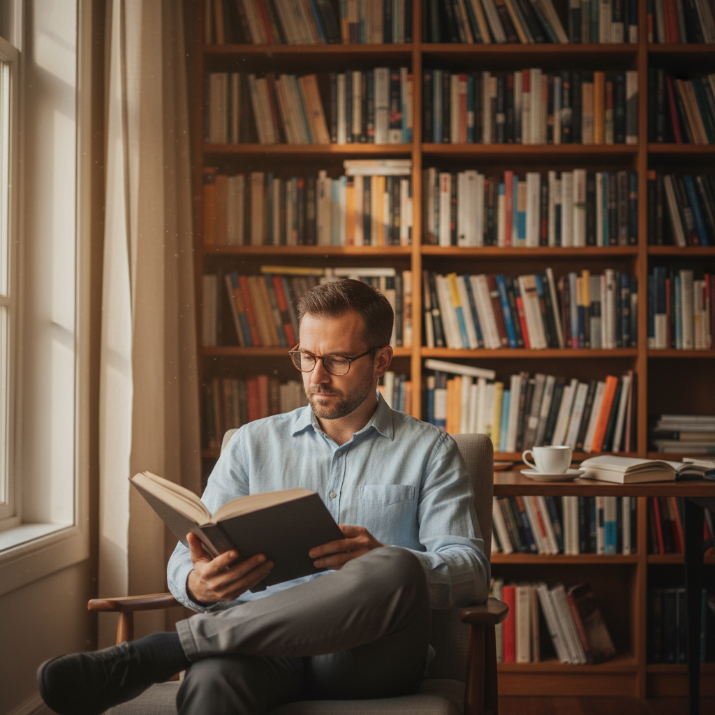Homme lisant un livre dans un espace calme et lumineux, bibliothèque en arrière-plan, atmosphère de concentration studieuse et de développement personnel