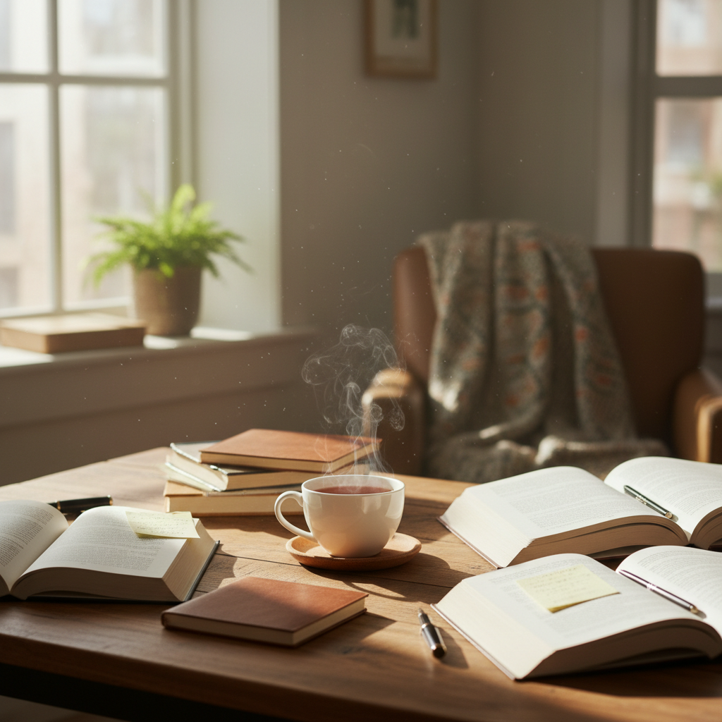 Espace de lecture soigné avec livres ouverts, notes manuscrites et tasse de thé, lumière naturelle traversant une fenêtre, atmosphère studieuse et sereine