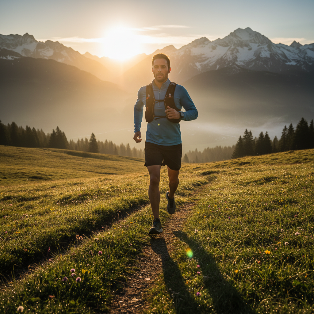 Homme en pleine nature pratiquant une activité physique matinale, lumière dorée du lever de soleil sur fond de montagne alpine