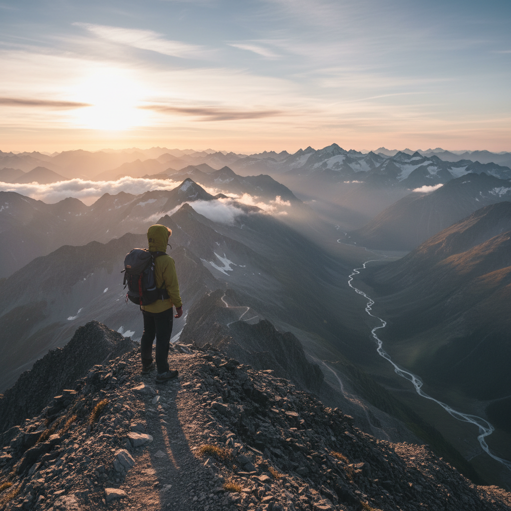 Vue panoramique depuis un sommet alpin, randonneur debout contemplant l'horizon au lever du soleil, symbole de perspective et de chemin parcouru
