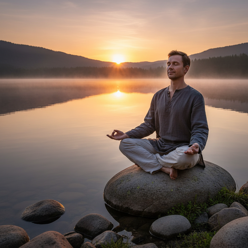 Homme en position de méditation assise près d'un lac alpin au coucher du soleil, reflet de l'eau, atmosphère de calme profond et de plénitude