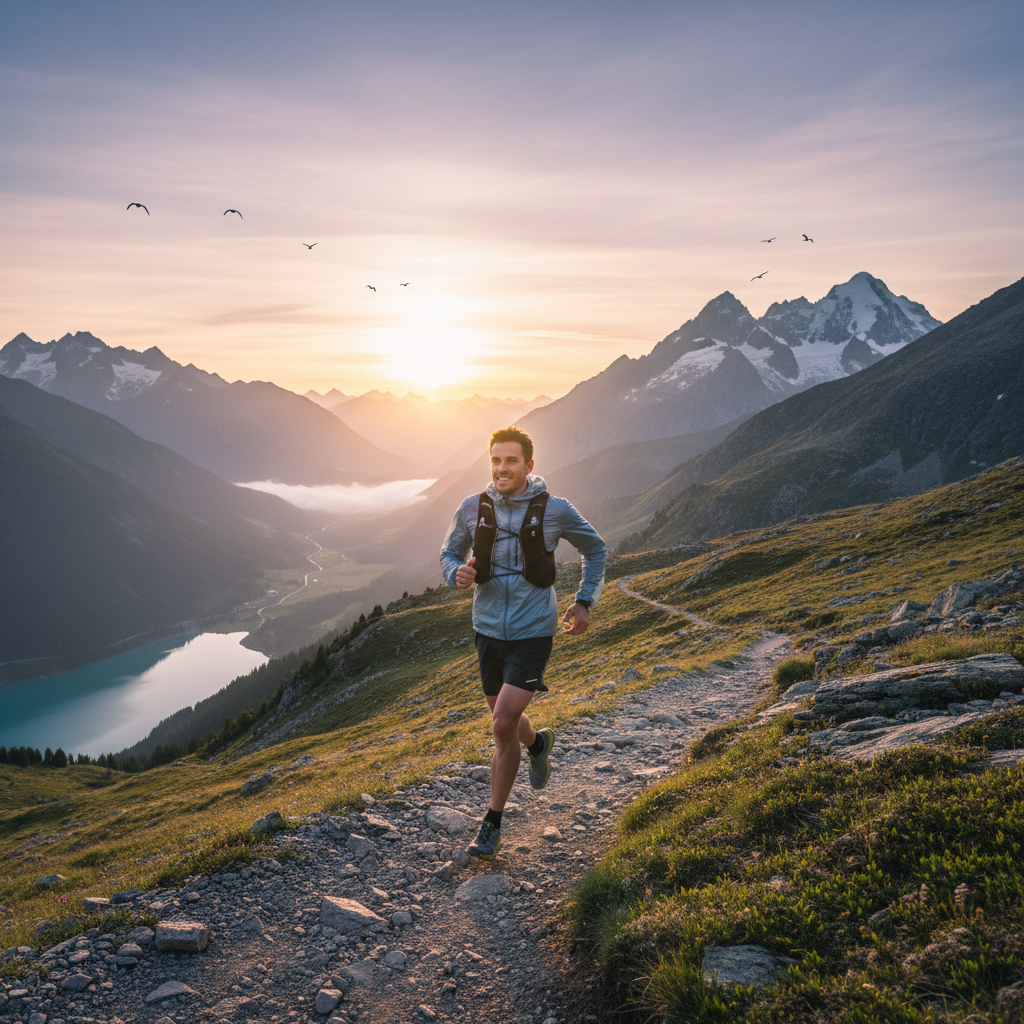 Homme courant sur un sentier de montagne au petit matin, paysage alpestre en arrière-plan, atmosphère de liberté et d'effort modéré