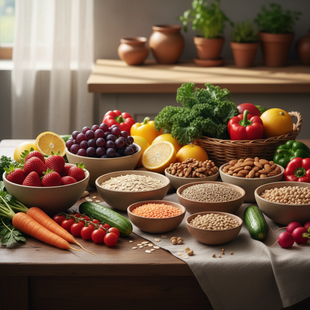 Assortiment de fruits et légumes frais, noix, céréales et légumineuses disposés harmonieusement, photographiés avec une lumière naturelle douce