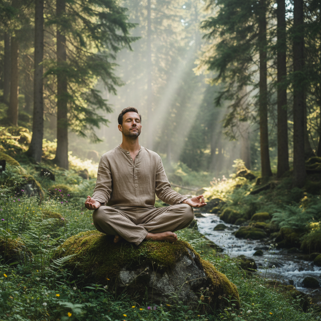 Homme méditant dans un espace naturel calme, forêt suisse, posture ouverte et détendue en pleine conscience
